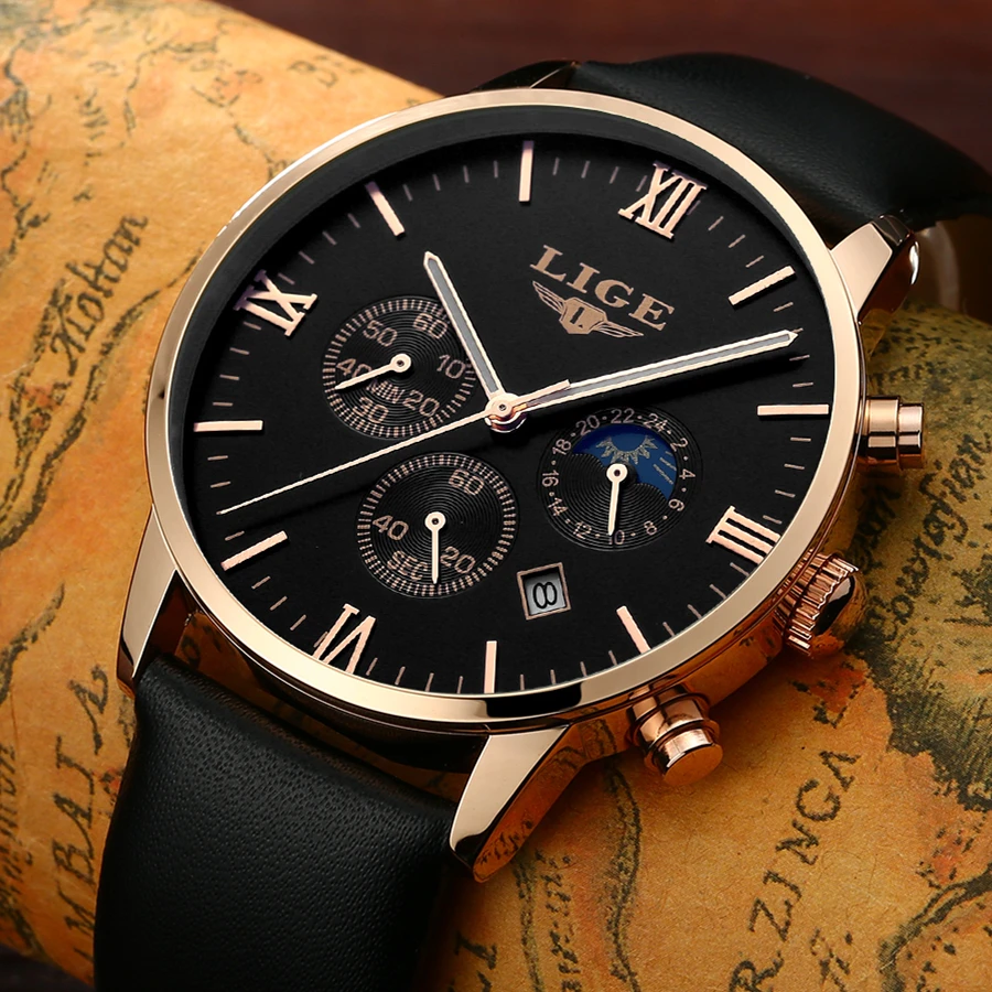 2017 LIGE Mens Watches Fashion Casual Sport Quartz Watch Men Chronograp Clock Man Leather Business Wrist watch Relogio Masculino