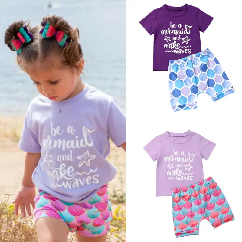 

Kids Mermaid Purple Clothes Children's Girl Short Sleeve T Shirt +Short Pants 2 Piece Clothes Set Summer New