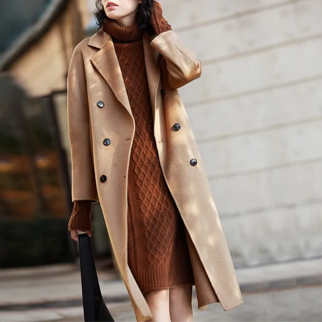 Autumn Winter Classic Woolen Overcoat Female Quality Loose Double faced Cashmere Overcoat Moire
