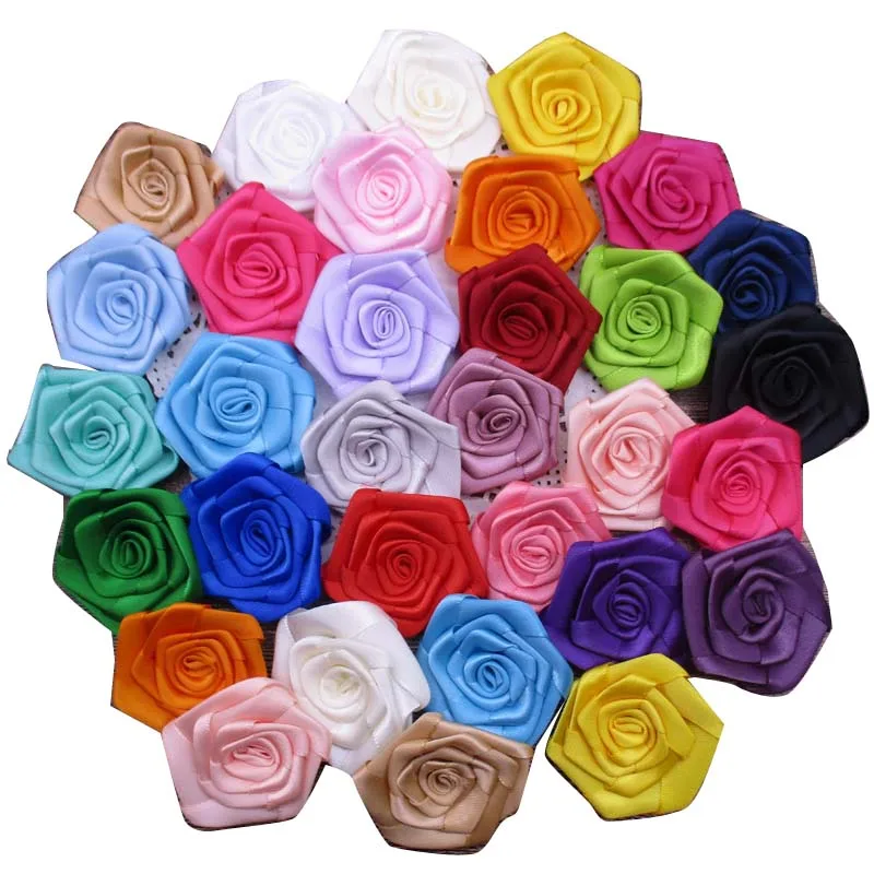 

100pcs/lot 5.5CM Satin Rosette Flowers Ribbon Rose Women Girls Hair Accessories fabric flowers for headbands hair decorations