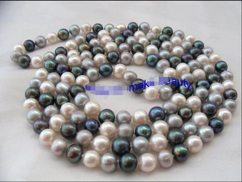 

free shipping >SUPER long 50" 9mm round white black gray freshwater pearl necklace d190