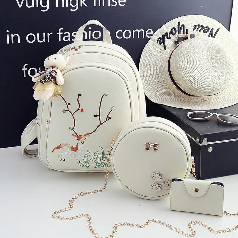 

Miyahouse Embroidery Solid Color Backpack For Female PU Leather Beaded Design Fashion Rucksack Women 3PCS/SET Backpack Lady