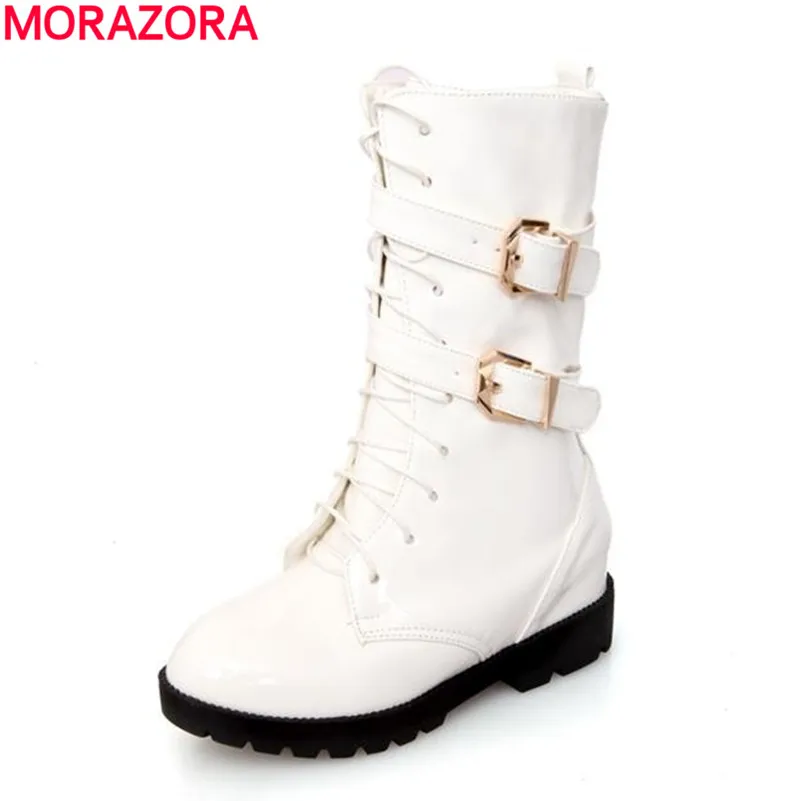 

2016 hot sale women ankle boots fashion simple style pu leather ladies boots lace up buckle flat heel black red white shoes