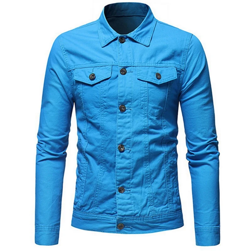 Litthing, брендовые Модные осенние мужские приталенные куртки, мужская повседневная джинсовая куртка с отложным воротником, однобортные однотонные джинсовые куртки - Цвет: Sky Blue