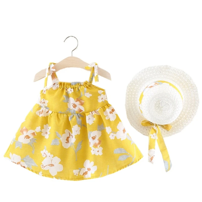 

Sweet Toddler Summer Baby Girl Dress Sleeveless Cotton Floral Print Belt A-Line Sundress Dresses+Beach Hat 2PCS Vestido Infantil