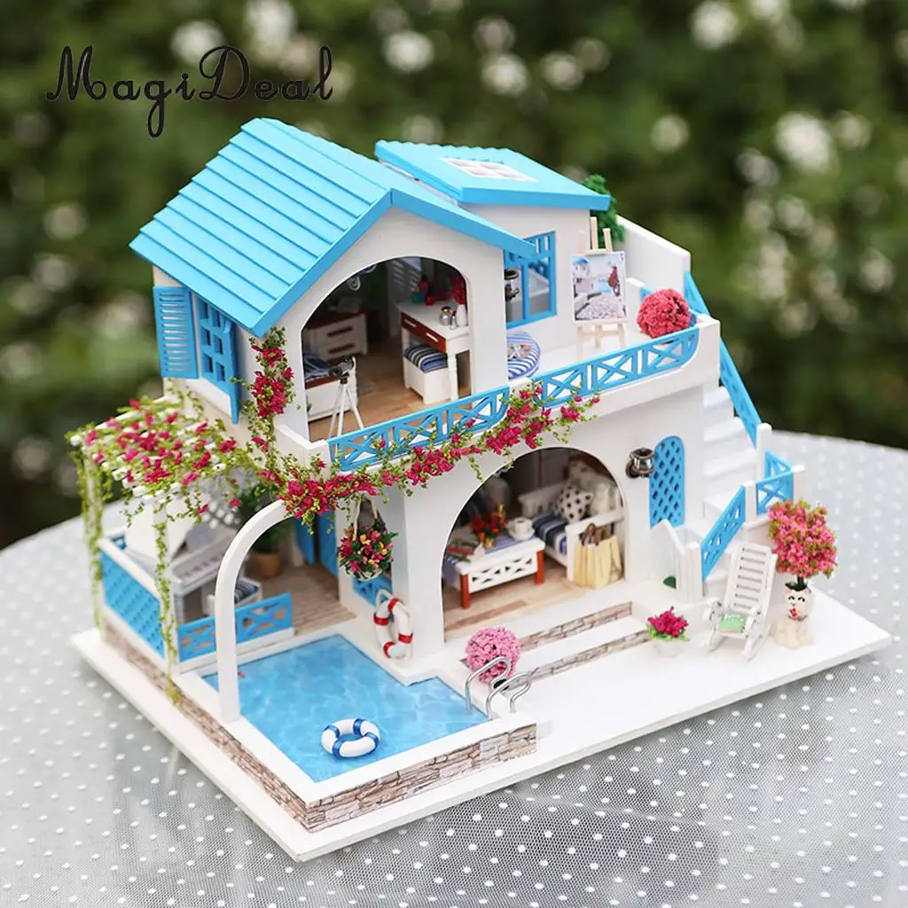 1:24 Scale DIY Handcraft Miniature Project Kit Wooden Dolls House Model Sidi Bou Said Town Home Display Collectibles