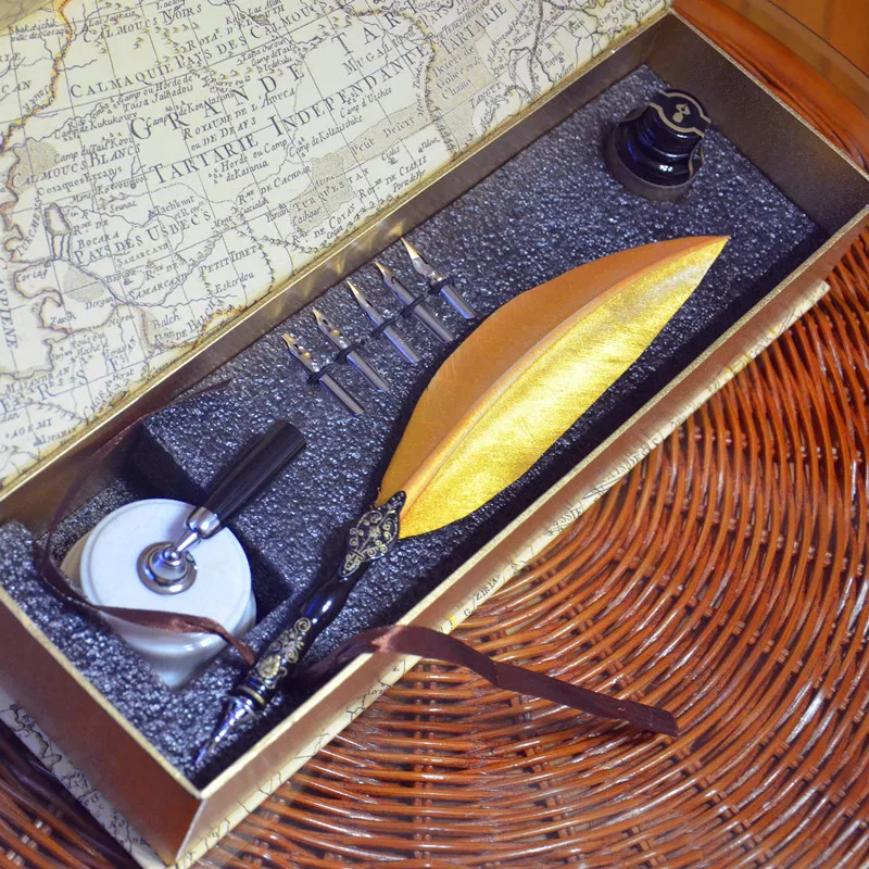 Gold Color Retro Carving Quill Feather Pen Set with Pen Holder 5 Nibs 1