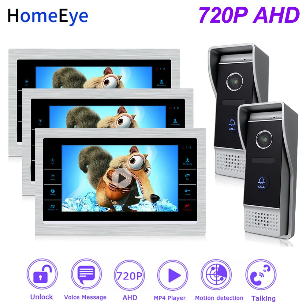 

HomeEye 720P HD Video Door Phone Video Intercom 2 Doors Home Access Control System Touch Screen Voice Message Customize Ringtone