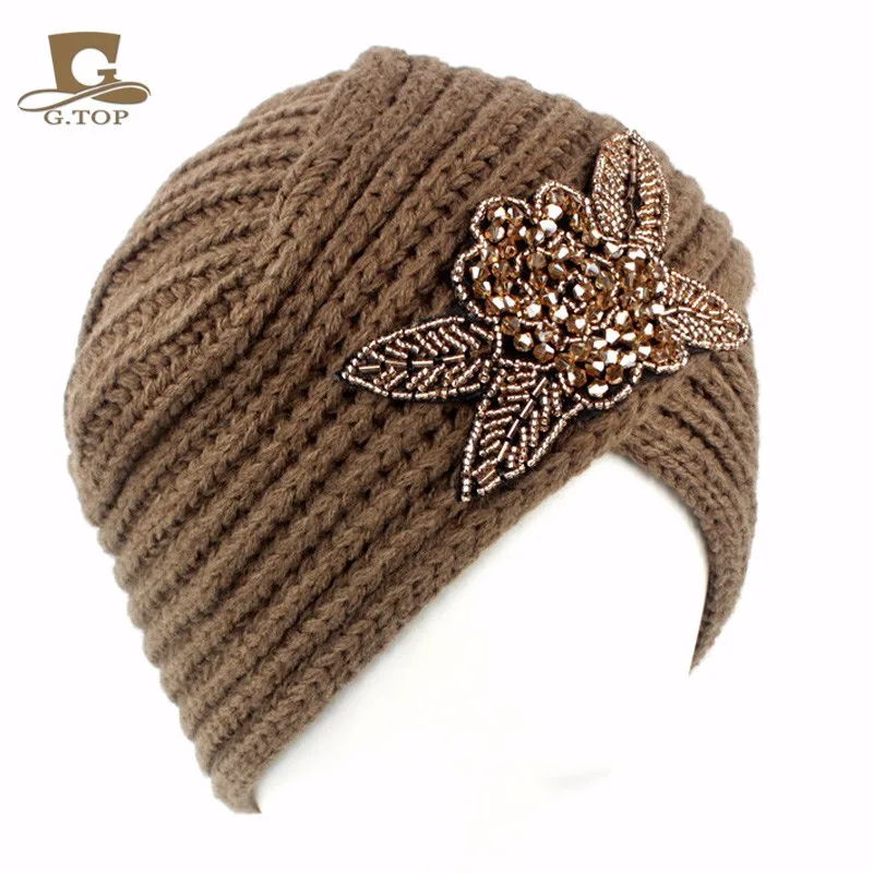 Женская вязаная шапочка, повязка на голову, вязаная крючком, повязка на голову, металлическая драгоценность, зимний теплый вязаный тюрбан
