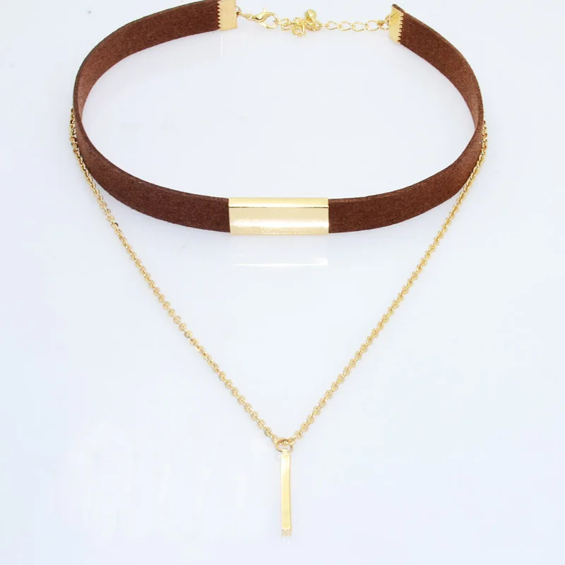 New fashion jewelry 2 layer leather choker collar with bar necklace gift for women girl N2049 - Окраска металла: coffee