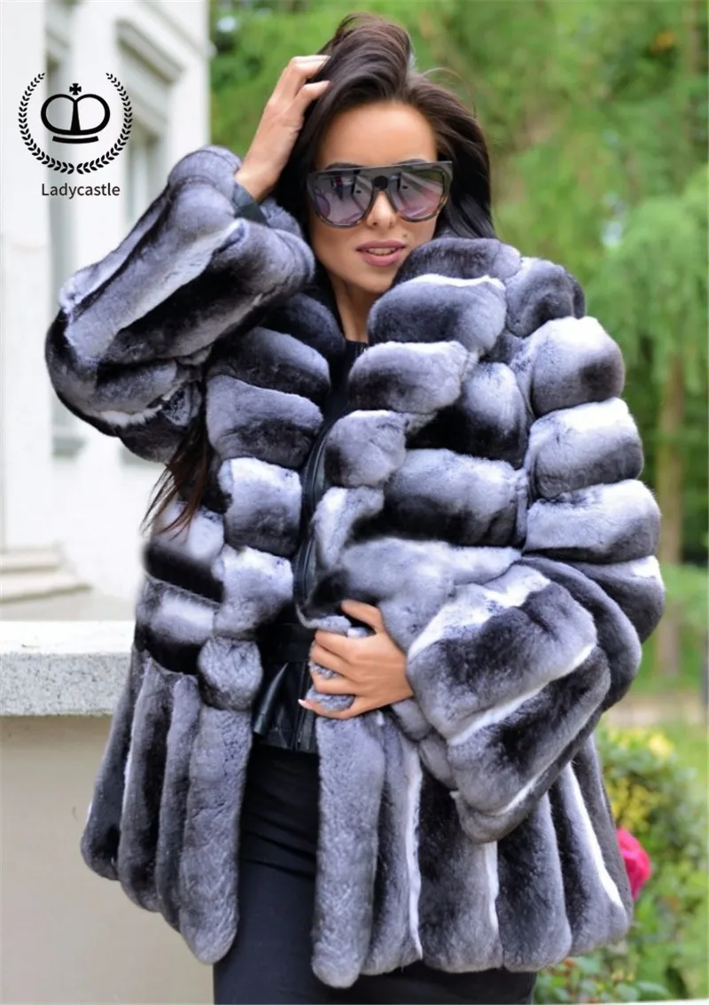 Sale New Women Real Chinchilla Rex Rabbit Fur Coat From Natural With Big Turn-down Collar Skin Rex Rabbit Fur Jacket Genuine RB-067 12