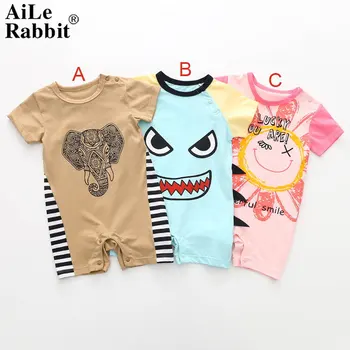 

AiLe Rabbit Baby Clothes Rompers Summer Short-sleeved Cartoon Stripes Out One-Pieces Elephant Monster Girl Baby Boy