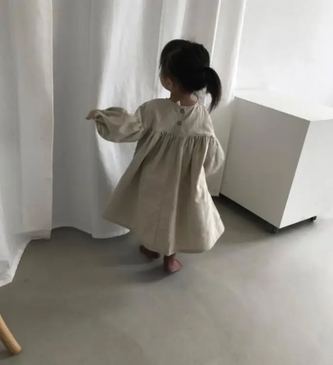 Autumn Girls Cotton and Linen Lantern Sleeves A Line Princess Dresses Toddler Children Cotton Long Length Ruch Causal Dress