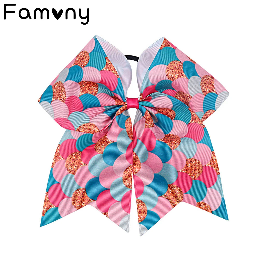 

7" Jumbo Mermaid Printed Cheer Bow For Girls Kids Fish Scale Hair Bows with Elastic Band Grosgrain Ribbon Hair Accessories