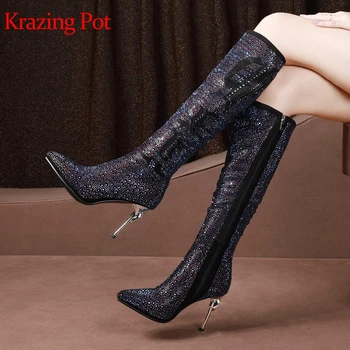 

Krazing Pot full grain leather kid suede pointed toe bling shiny beauty lady elegant brand oriental vintage knee high boots L43