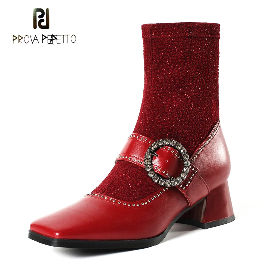 

Prova Perfetto black red genuine leather square toe short boots luxury crystal buckle embellish stretch boots rivet chunky heels