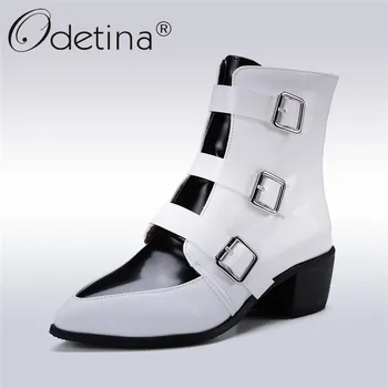 

Odetina Fashion Women Punk Style Buckles Ankle Boots Block Chunky Heel Pointed Toe Booties Autumn Winter Shoes Big Size 48