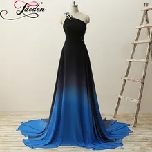 JAEDEN Gradiente Gasa Baratos Vestidos de Noche Perlas Una Línea de Piso-Longitud Sin Mangas Negro Azul 2017 E273 de Un Hombro Vestidos de Fiesta