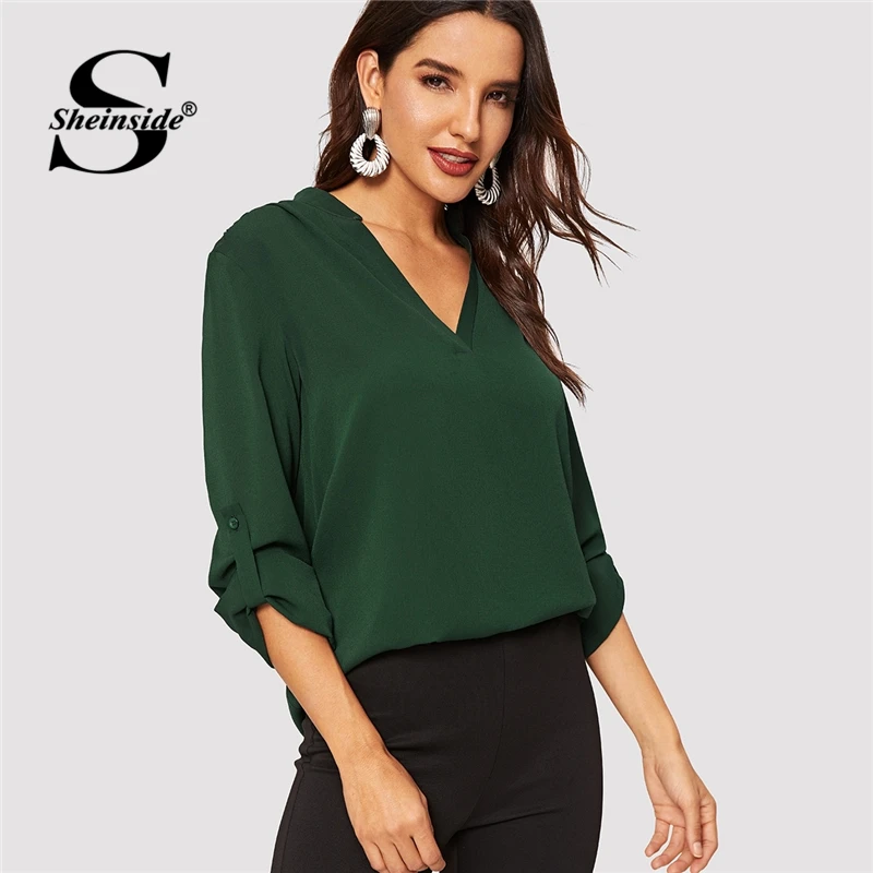  Sheinside Green V Cut Neck Roll Tab Sleeve Women Top Long Sleeve Blouse Shirt Office Ladies OL Work