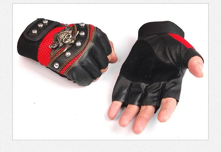 JIAZHOUHU Skulls Rivet PU Leather Fingerless Gloves Men Women Fashion Hip Hop Women's Gym Gloves Half Finger Men's Gloves