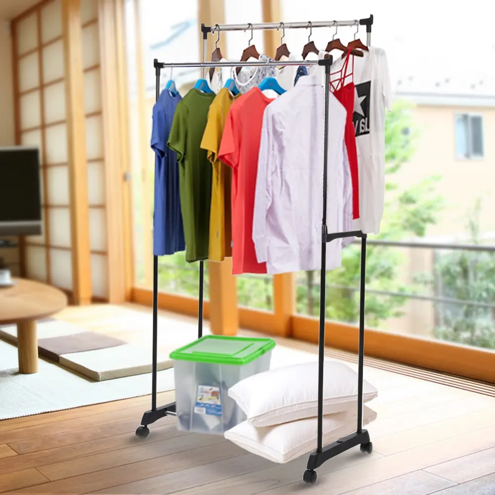 

Metal Adjustable Double Rail Clothes Garment Dress Hanging Rack Display Stand Organizer on Wheels Shoes Storage Rack Heavy-duty