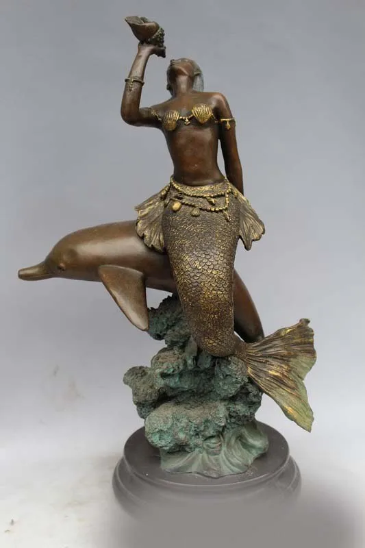 1" Western Art Бронзовая скульптура Мраморный Реалистичные Дельфин РУСАЛКА море-горничной Статуя