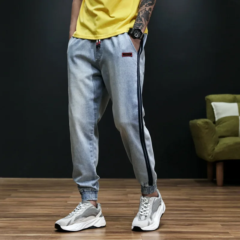 Japanese Style Fashion Men Jeans Vintage Loose Slack Bottom Harem Cargo Pants Side Stripe Streetwear Hip Hop Joggers Jeans Men