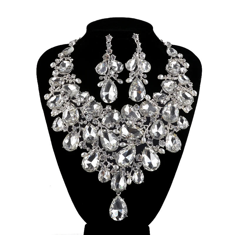 

New High End Christmas Present Bridal Necklace Earring Sets Women Statement Wedding Decoration Silver Plated Pear Jewelry Sets