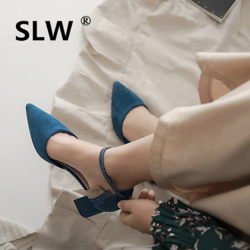 

High PU cut out Rubber Single cusp shoe Shallow Pointed Toe Leisure Rome block heel shoes Buckle Strap Fashion color matching
