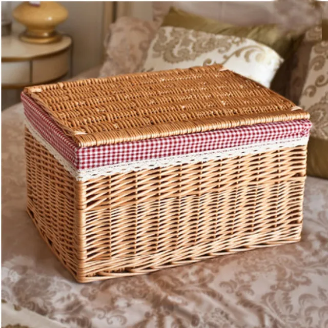 XXL cesta de almacenamiento de mimbre tejida a mano con tapa cesta de