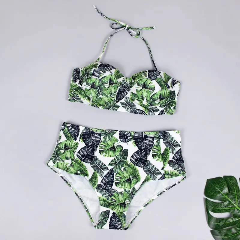 

Women Sexy Bikini Set Halter Push Up Underwire Crop Top Boho Colored Floral Printed Swimsuit Tummy Control High Cut Bathing Suit