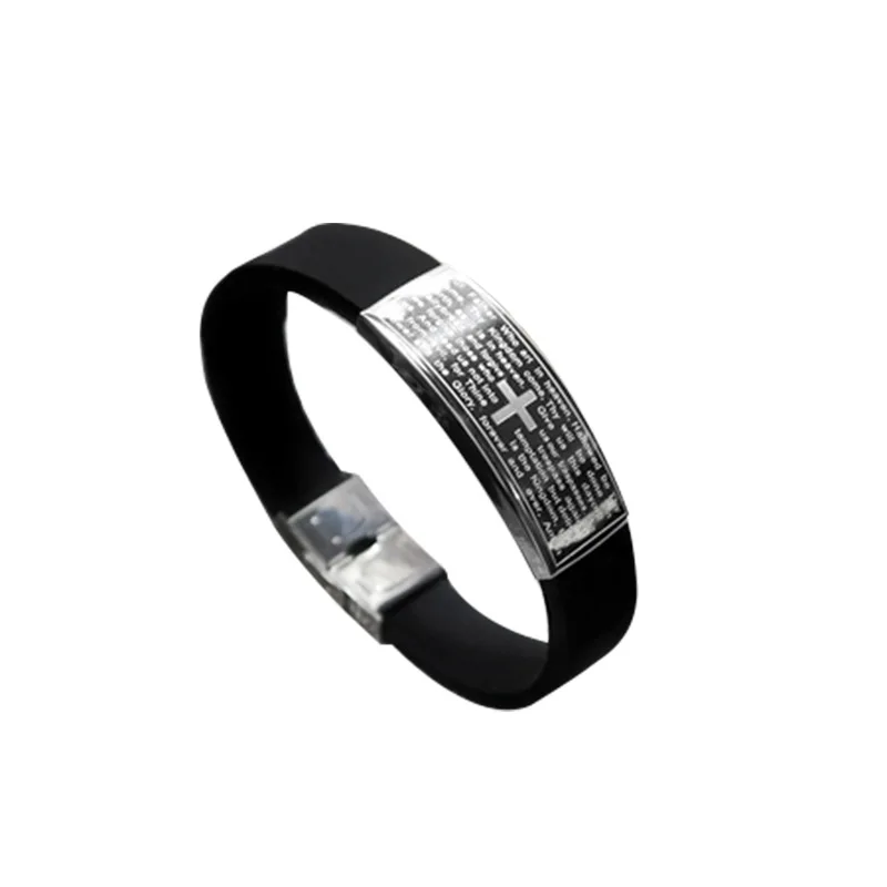 

LE SKY New Women Men Cross Stainless Steel Silicone Buckle Bracelets Bangle Wristband Punk Rock Style Christian Men Jewelry