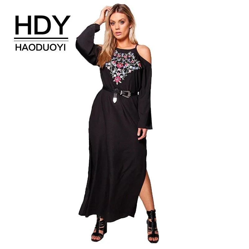 

HDY Haoduoyi Plus Size Solid Black Sexy Off Shoulder Floral Embroderid Women Long Sleeve Waist Tie Split Side Ankle-Length Dress