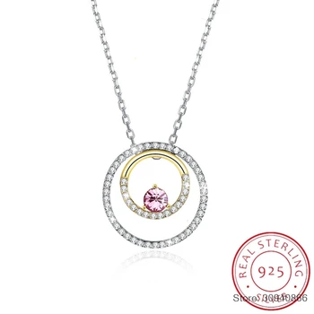 

SMTCAT Crystal From Double Circle Pendant Necklace For Women 925 Sterling Silver Round Necklaces Fine Jewelry