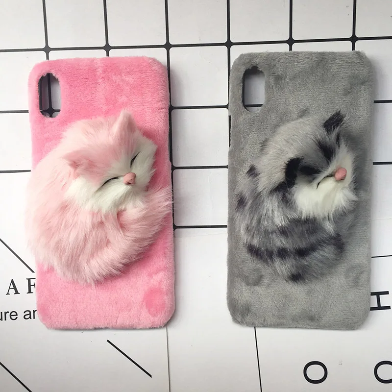 Tfshining 3D Cute Sleep Cat Furry Warm Phone Cases For iphone 11 SE 2 7 8 Plus X XS XR XS Pro Max Hard PC Plush DIY Back Cover phone cases for iphone 7