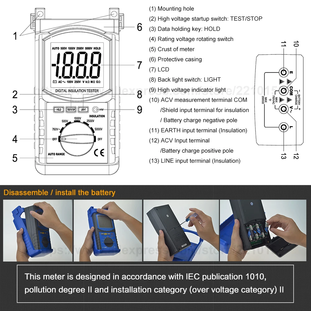 HoldPeak 6688B цифровой Мегаомметр тестер сопротивления изоляции Электрический