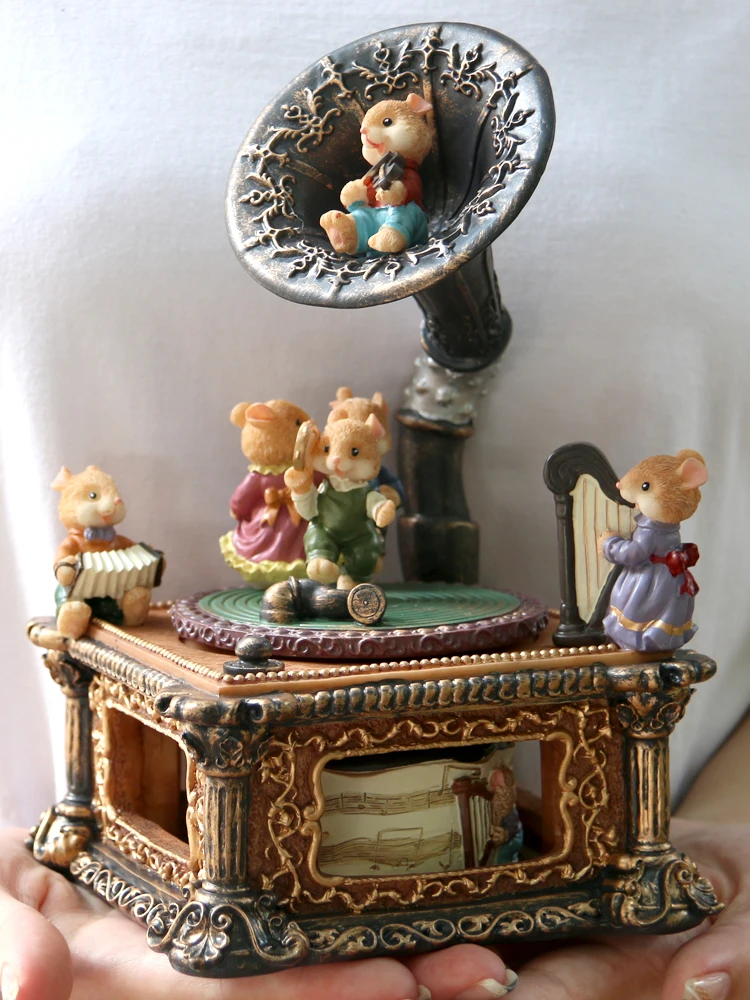 

12*21cm Exquisite Rat Vintage Phonograph Music Box Mechanism Bedroom Desktop Decoration Christmas Valentine's Gift For Girls