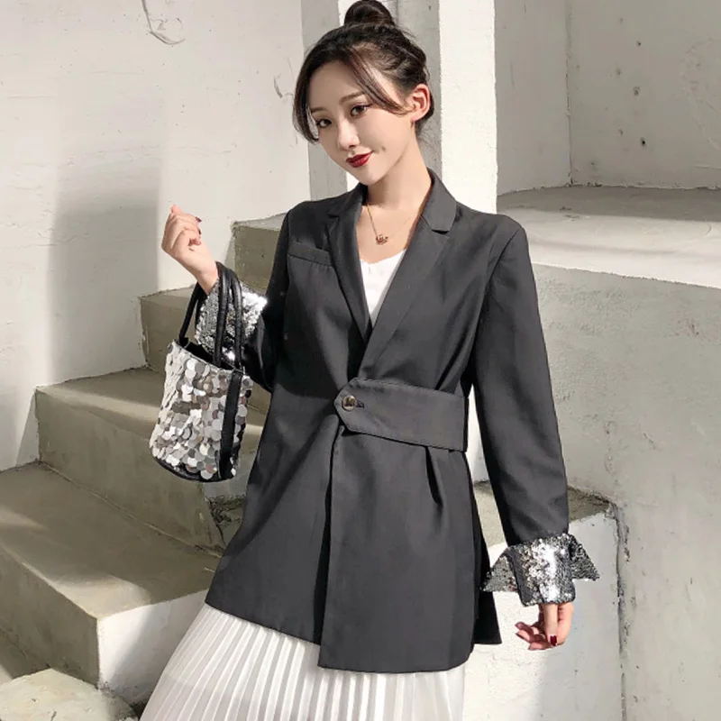 

New Suit Women's Spring Loose Cuff Sequins Female Small Suit Retro Chic Cross Straps Informal Jacket Tide Casual Suit New Arrive