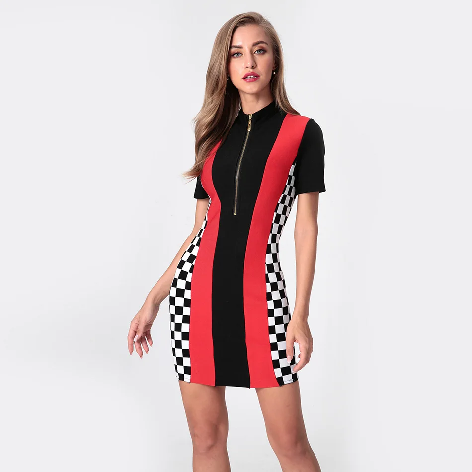 Turtleneck-Short-Sleeve-Above-Knee-Bodycon-Dress-Womens-Plaid-Color-Match-Mini-Bandage-Dresses-Ropa-Verano (1)
