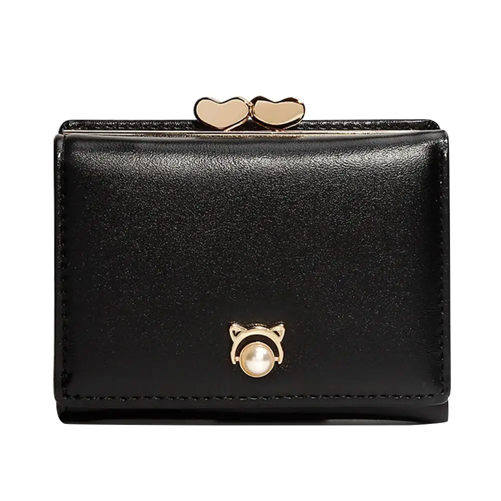 

Fashion Women Trifold Short Wallet Double Heart Kiss Lock Faux Pearl Coin Purse