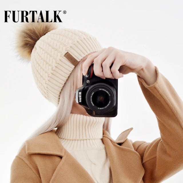 Furtalk Real Fox Fur Hat Big Raccoon Pom Pom Hat Knitted Beanie Caps Spring Autumn Women Winter Hats for Girls