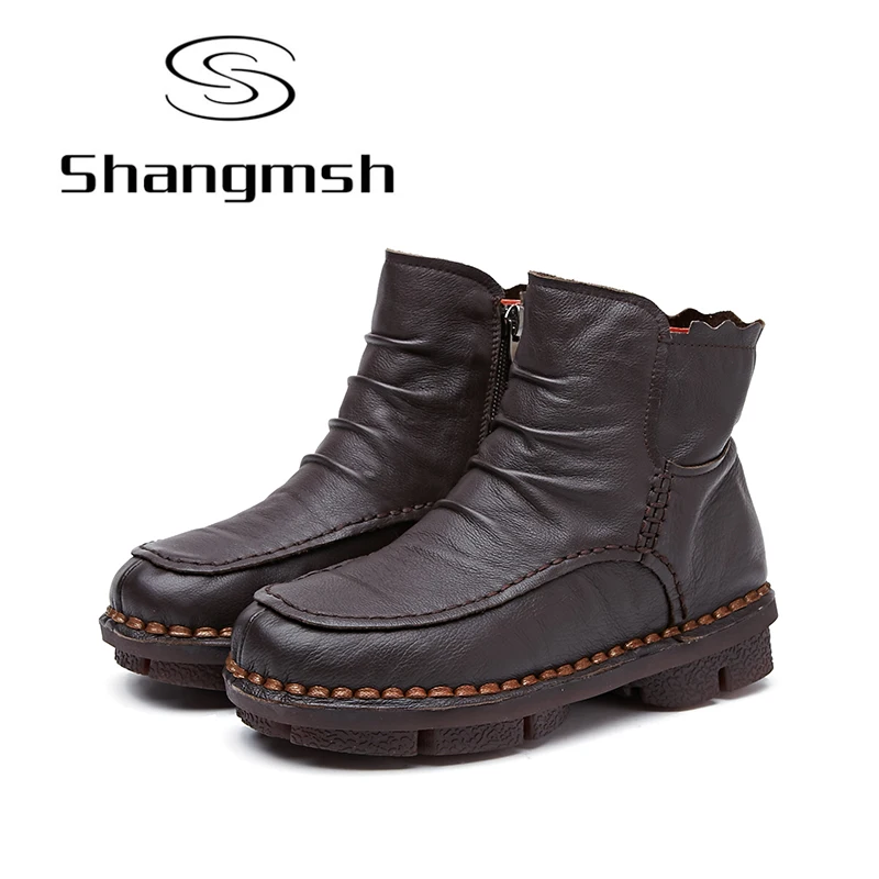 

Shangmsh Solid Black Women Boots Leather Winter Boots Handmade Woman Shoes Flats Casual Genuine Leather Ankle Boots For Women