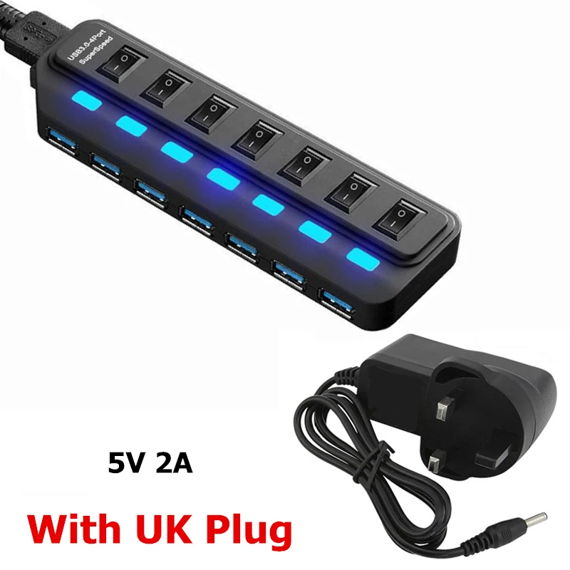 7 Ports with UK Plug Высокоскоростной концентратор USB 3,0 с 4 7 портами с переключателем вкл/выкл, встроенный светодиодный индикатор+ адаптер питания переменного тока для ЕС/США/Австралии/Великобритании для портативных ПК, концентратор 3,0 - Цвет: 7 Ports with UK Plug