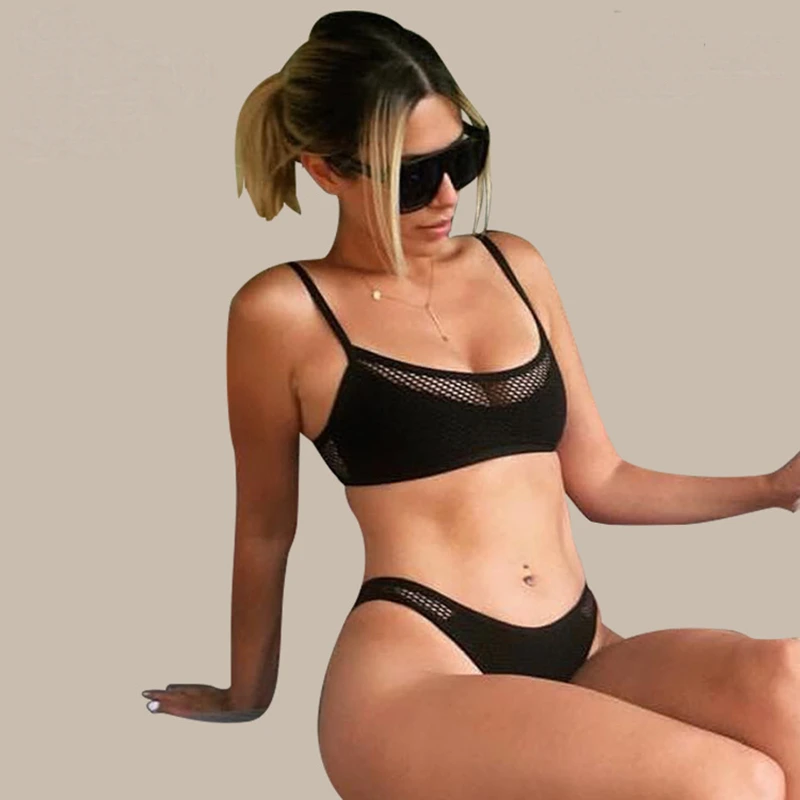 

2019 low waist sexy mesh push up swimsuit women bikini set solid swimwear tankini two piece halter swim wear