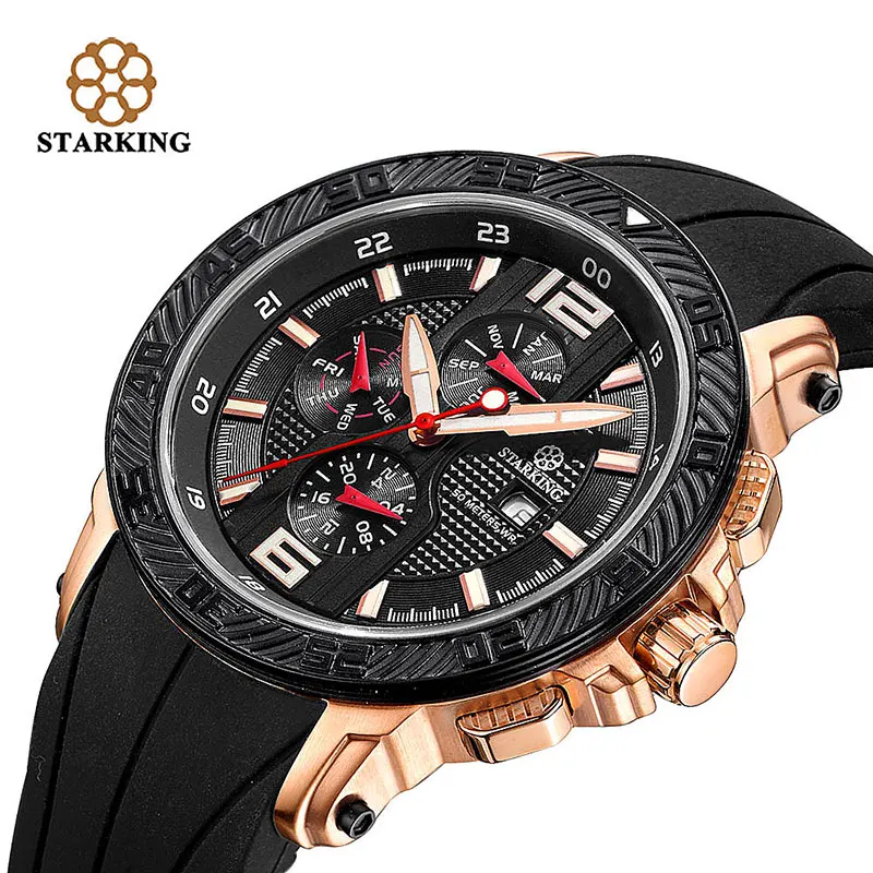 STARKING Men Wristwatch Relogio Masculino Multi-Functional Swiss Movement Sports Watch Silicone Luxury Brand Black Quartz Watch