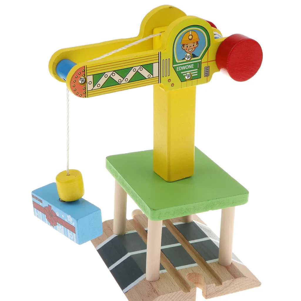  Preschool Wooden Toy Trains Set Building Blocks Construction kits Play Activity, Fine Motor Skills - Track Crane & Freight Car