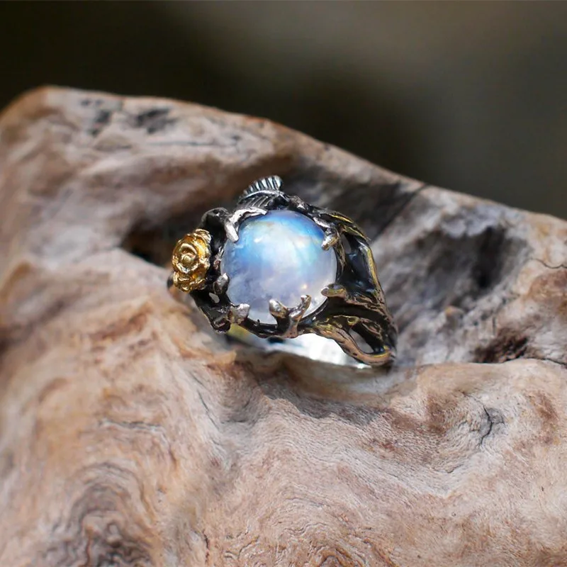 

Female Women Natural Moonstone Ring Retro Vintage Thai Silver Gold Filled Rose leaf ring jewelry accessories gifts