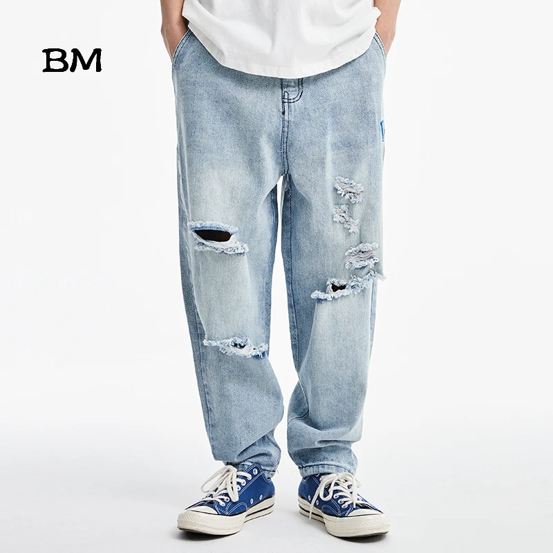 Streetwear Straight Cargo Jeans Men Loose Hole Jean Homme Kpop Korean Style Blue Denim Jeansy Mens Ripped Jeans - Jeans - AliExpress
