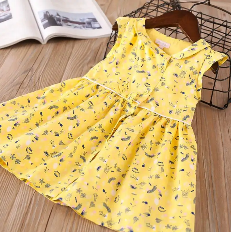 New Baby Girls Summer Yellow Printed Vest Dresses, Princess Kids Sweet