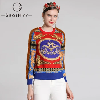 

SEQINYY Vintage Top New Fashion 2019 Spring Autumn Long Sleeve Leopard Printed Patchwork Luxury Runway Red Sweatshirts Women